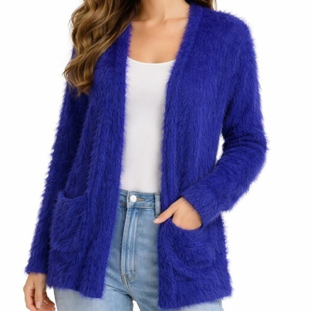 Colleen Lopez Women’s Purple Eyelash Knit Cardigan L Cozy Open Front Fuzzy Bold